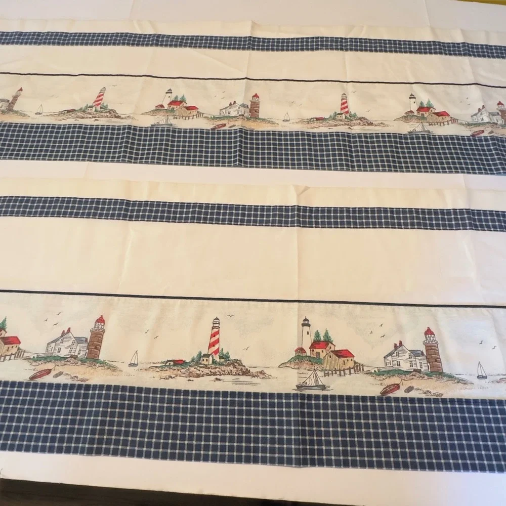 Set 2 Nautical Lighthouse Coastal Window Valance Navy Blue Check 68x15 Seaside